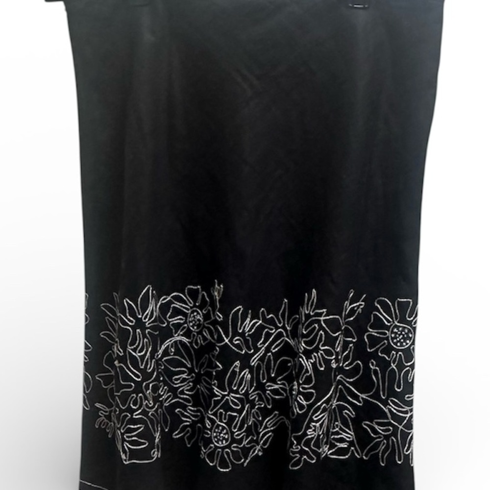 Rafaella Black A-Line Linen Skirt with White Floral Embroidered and Beads